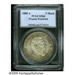 German States. Prussia. Friedrich III 5 Mark 1888A, KM512, MS66 PC Prussia. Friedrich III 5 Mark 188