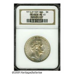German States. Prussia. Wilhelm II 3 Mark 1911A, KM527, MS65 NGC. Prussia. Wilhelm II 3 Mark 1911A,