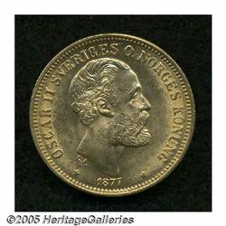 Sweden. Oscar II gold 20 Kronor 1877, KM744, brilliant UNC. Oscar II gold 20 Kronor 1877, 