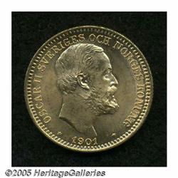 Sweden. Oscar II gold 20 Kronor 1901, KM765, brilliant UNC. Oscar II gold 20 Kronor 1901, 
