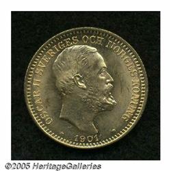 Sweden. Oscar II gold 20 Kronor 1901, KM765, brilliant UNC. Oscar II gold 20 Kronor 1901, 