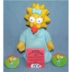 Maggie Simpson doll and Bart pin back buttons