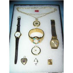 Collection of costume jewelry watches and lockets