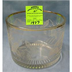 Antique etched glass serving bowl with gold trim