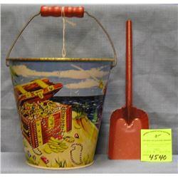 Vintage all tin child?s sand pail and shovel set