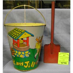 Vintage all tin child?s sand pail and shovel set