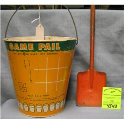 Vintage all tin child?s sand pail and shovel set