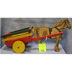 Early wooden horse drawn cart pull toy