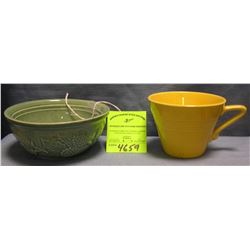 Art pottery featuring decorated bowl and yellow cup