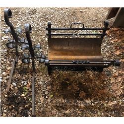 GR OF 3, FIREPLACE END IRONS AND LOG HOLDER