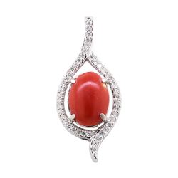 5.65 ctw Red Coral and Diamond Pendant - 14KT White Gold