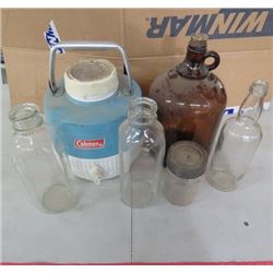 WHISKEY JUG, COLEMAN JUG AND ASSORTED BOTTLES