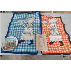 DECORATIVE PLATE, DISPLAY STAND AND TWO IRISH LINEN TOWELS