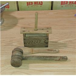 BUTTER PRESS, WOODEN SPOON AND WOODEN MALLET