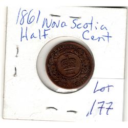 1861 NOVA SCOTIA 1/2 CENT COIN: DIE CRACK RIM TO LAUREL LEAVES