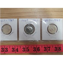 LOT OF THREE 1967 CENTENNIAL 5 CENT RABBIT NICKELS