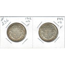 2- CANADIAN SILVER 50 CENT PIECES (1942)  *WIDE DATE AND NARROW DATE TYPES*
