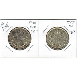 2- CANADIAN SILVER 50 CENT PIECES (1945) *WIDE DATE AND NARROW DATE TYPES*