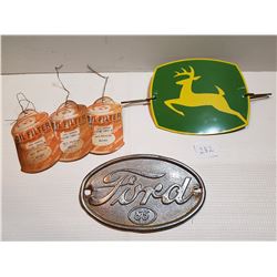 LOT INCLUDING A 1935 FORD EMBLEM, FORD OIL FILTER REMINDERS AND A JOHN DEERE TIN SIGN