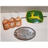 Image 1 : LOT INCLUDING A 1935 FORD EMBLEM, FORD OIL FILTER REMINDERS AND A JOHN DEERE TIN SIGN