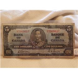 FIVE DOLLAR BILL (CANADA) *1937* (GORDON TOWERS SIGNATURE)