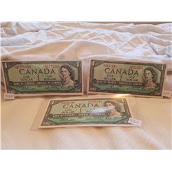 LOT OF 3-ONE DOLLAR BILLS (CANADA) *1954* (ONE IS REPLACEMENT)