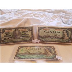 LOT OF 3-ONE DOLLAR BILLS (CANADA) *1937-1954 REPLACEMENT-1967 SERIAL NUMBERED*
