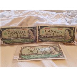 LOT OF 3-ONE DOLLAR BILLS (CANADA) *1967 REPLACEMENT-1967 NO SER #-1954*
