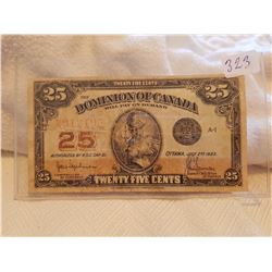 TWENTY FIVE CENT BILL (CANADA-SHINPLASTER) *1923* (HYNDMAN SIGNATURE)