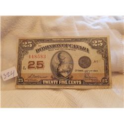 TWENTY FIVE CENT BILL (CANADA-SHINPLASTER) *1923* (McCAVOUR SIGNATURE)