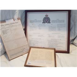 RCMP MISSION RESOLUTION PLAQUE (1937 ORDER SHEET, HISTORICAL MAP)