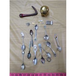 LOT OF MISCELLANEOUS ITEMS (SPOONS, BELL, ETC.)