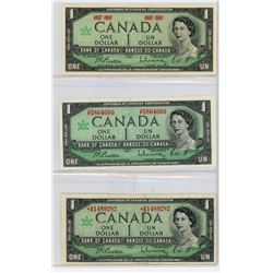 LOT OF 3 ONE DOLLAR BILLS (CANADA) *1967* (ONE NO SERIAL NUMBER)