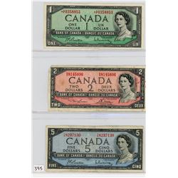 LOT OF 3 CANADIAN BANKNOTES ($1--$2--$5) *1954* (CANADA)