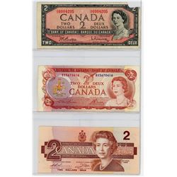 LOT OF 3-TWO DOLLAR BILLS (CANADA) *1954-1974-1986*