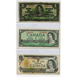 LOT OF 3-ONE DOLLAR BILLS (CANADA) *1937-1954-1973*