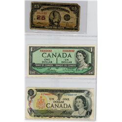 ONE SHINPLASTER AND 2 ONE DOLLAR BILLS (CANADA) *SHINPLASTER=1923--$1=1954, 1973*