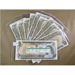 LOT OF 10 ONE DOLLAR BILLS WITH SEQUENTIAL SERIAL NUMBERS (CANADA) *1973* (ECL8854888-ECL8854897)