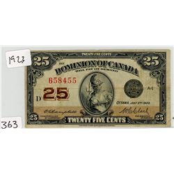 TWENTY FIVE CENT BILL (CANADA-SHINPLASTER) *1923* (CLARK)