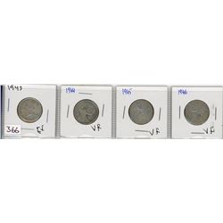 4-TWENTY FIVE CENT COINS (CANADA-SEQUENCIAL YEARS) *1943-1944-1945-1946* (SILVER)