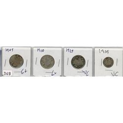4-TWENTY FIVE CENT COINS AND 1-TEN CENT COIN (CANADA) *1909-1910-1929-1919 DIME* (SILVER)