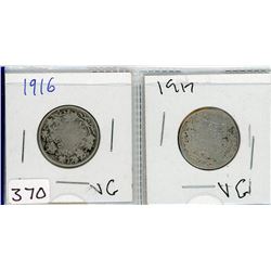 2 TWENTY FIVE CENT COINS (CANADA) *1916-1917* (SILVER)