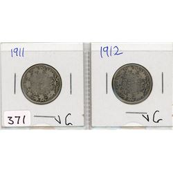 2 TWENTY FIVE CENT COINS (CANADA) *1911-1912* (SILVER)