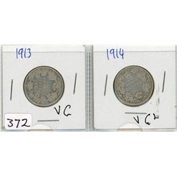 2 TWENTY FIVE CENT COINS (CANADA) *1913-1914* (SILVER)