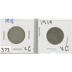 2 TWENTY FIVE CENT COINS (CANADA) *1918-1919* (SILVER)