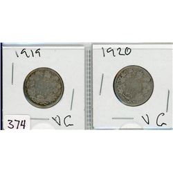 2 TWENTY FIVE CENT COINS (CANADA) *1919-1920* (SILVER)