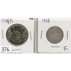 1-FIFTY CENT COIN AND 1-TWENTY FIVE CENT COIN (CANADA) *1938*