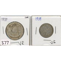 1-FIFTY CENT COIN AND 1-TWENTY FIVE CENT COIN (CANADA) *1939*