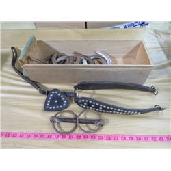 BOX OF HORSESHOES AND HORSE RELATED ITEMS