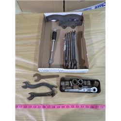 LOT OF ANTIQUE TOOLS (CASE WRENCHES, MH FOOT PEDAL, ETC.)